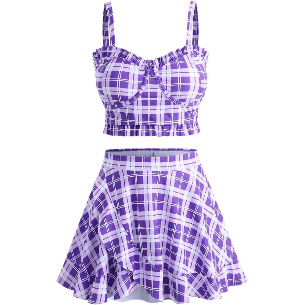 image:imageROSE GAL Plus Size Ruffles Flounce Padded Plaid Three Piece Skirt Tankini SwimsuitPurple