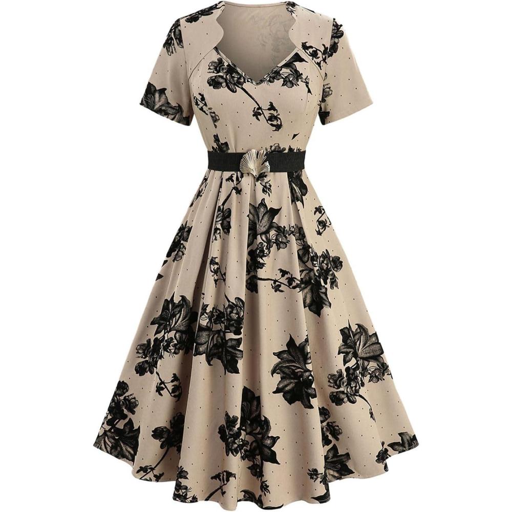 image:imageROSE GAL Plus Size Womens 50s Elegant Square Neck Vintage Cocktail Party Dress Short Sleeves DressCoffee1