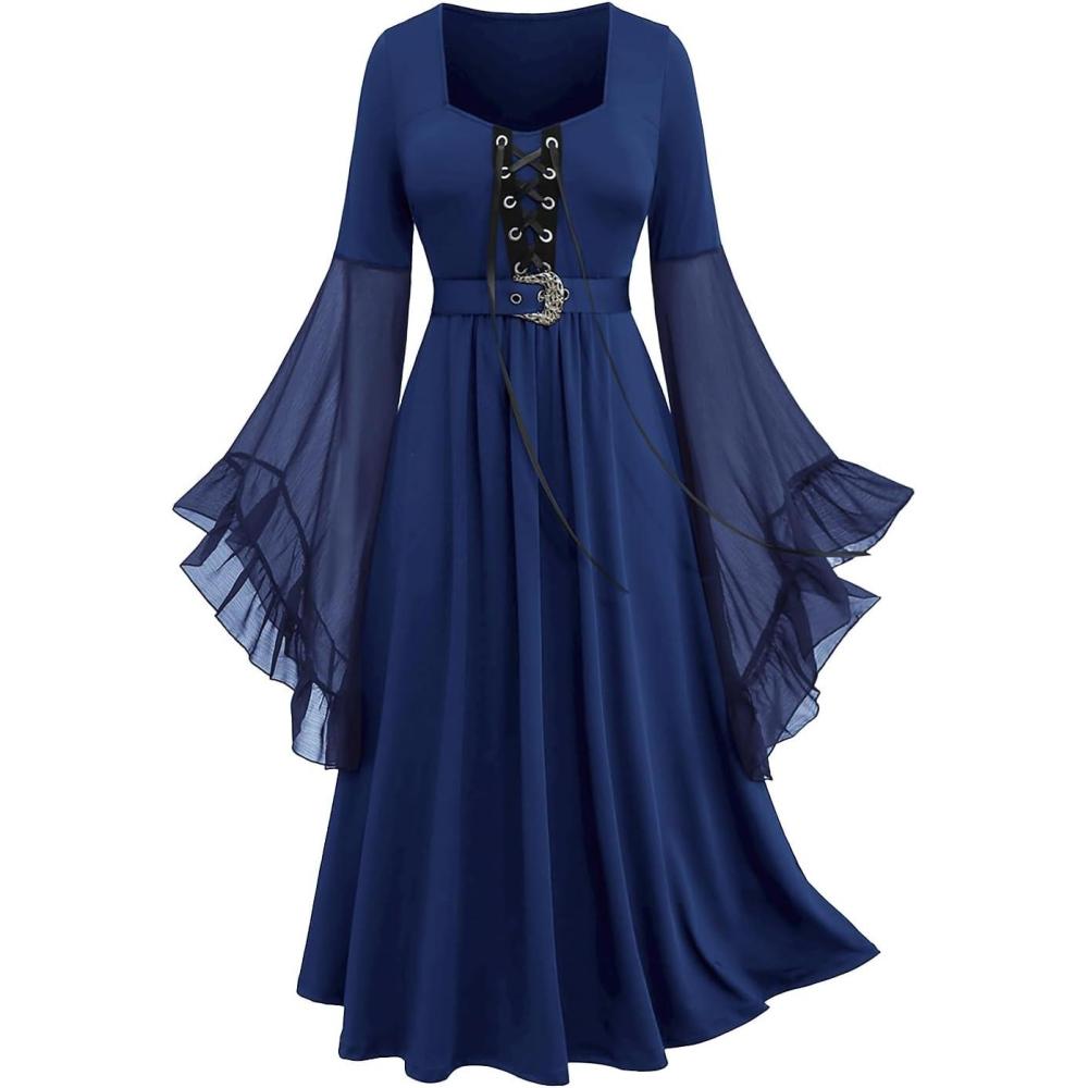 image:imageROSE GAL Rosegal Plus Size Costumes Dress for Women Medieval Bell Sleeves Laceup Midi Dress Halloween DressBlue1
