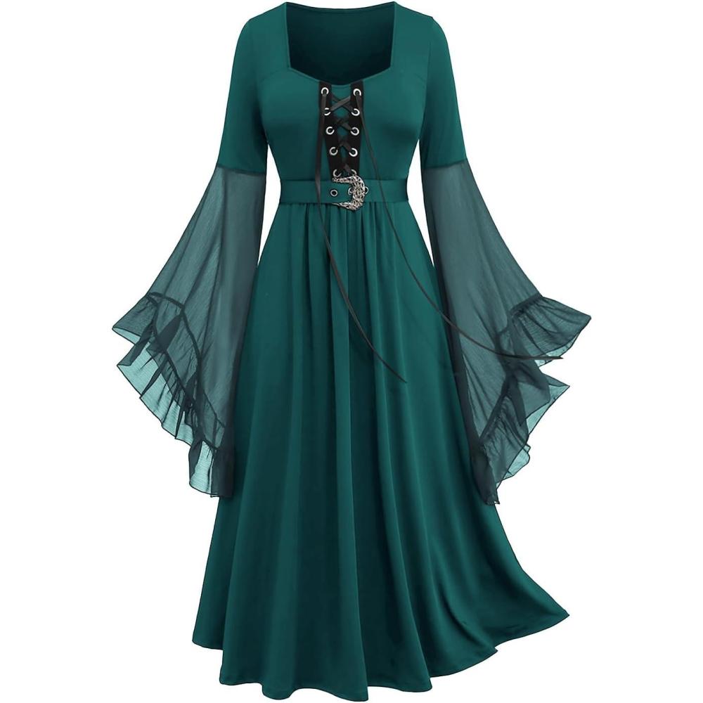 image:imageROSE GAL Rosegal Plus Size Costumes Dress for Women Medieval Bell Sleeves Laceup Midi Dress Halloween DressGreen1