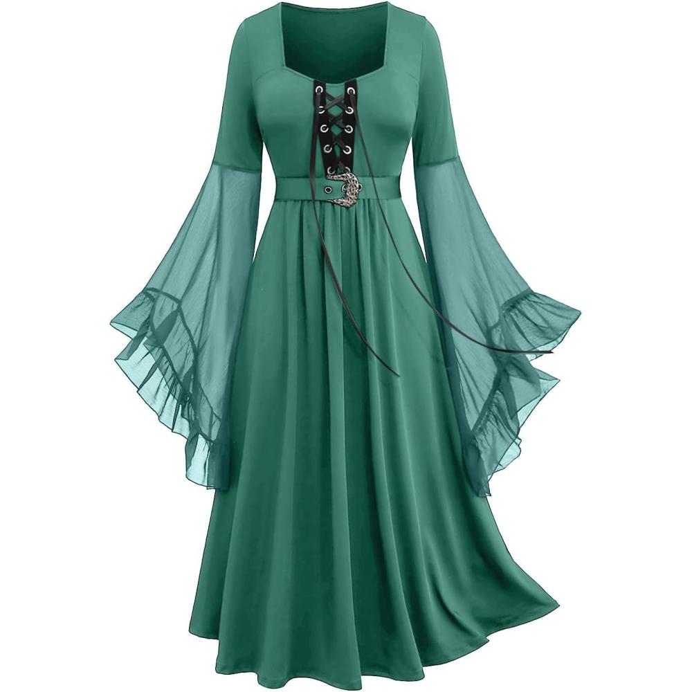 image:imageROSE GAL Rosegal Plus Size Costumes Dress for Women Medieval Bell Sleeves Laceup Midi Dress Halloween DressGreen2