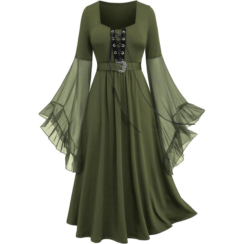 image:imageROSE GAL Rosegal Plus Size Costumes Dress for Women Medieval Bell Sleeves Laceup Midi Dress Halloween DressGreen3
