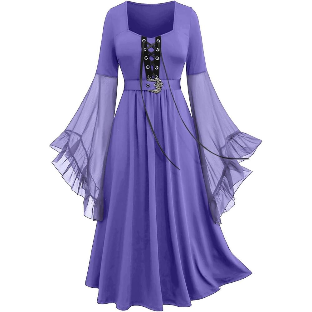 image:imageROSE GAL Rosegal Plus Size Costumes Dress for Women Medieval Bell Sleeves Laceup Midi Dress Halloween DressPurple2