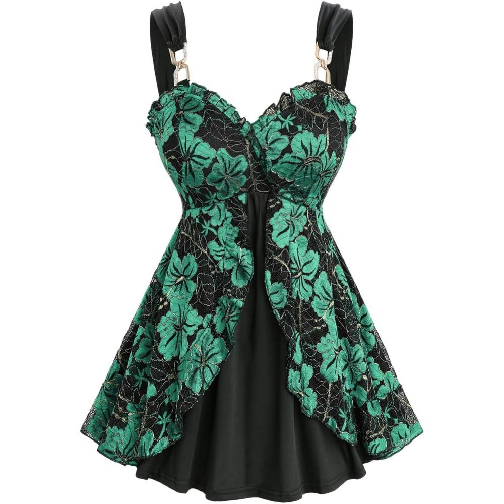 image:imageROSE GAL Rosegal Women Plus Size Elegant Summer Babydoll Tank Top Floral Lace Overlay Peplum Hem Surplice Tank TopGreen2