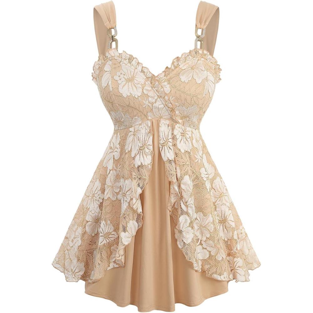 image:imageROSE GAL Rosegal Women Plus Size Elegant Summer Babydoll Tank Top Floral Lace Overlay Peplum Hem Surplice Tank TopKhaki1