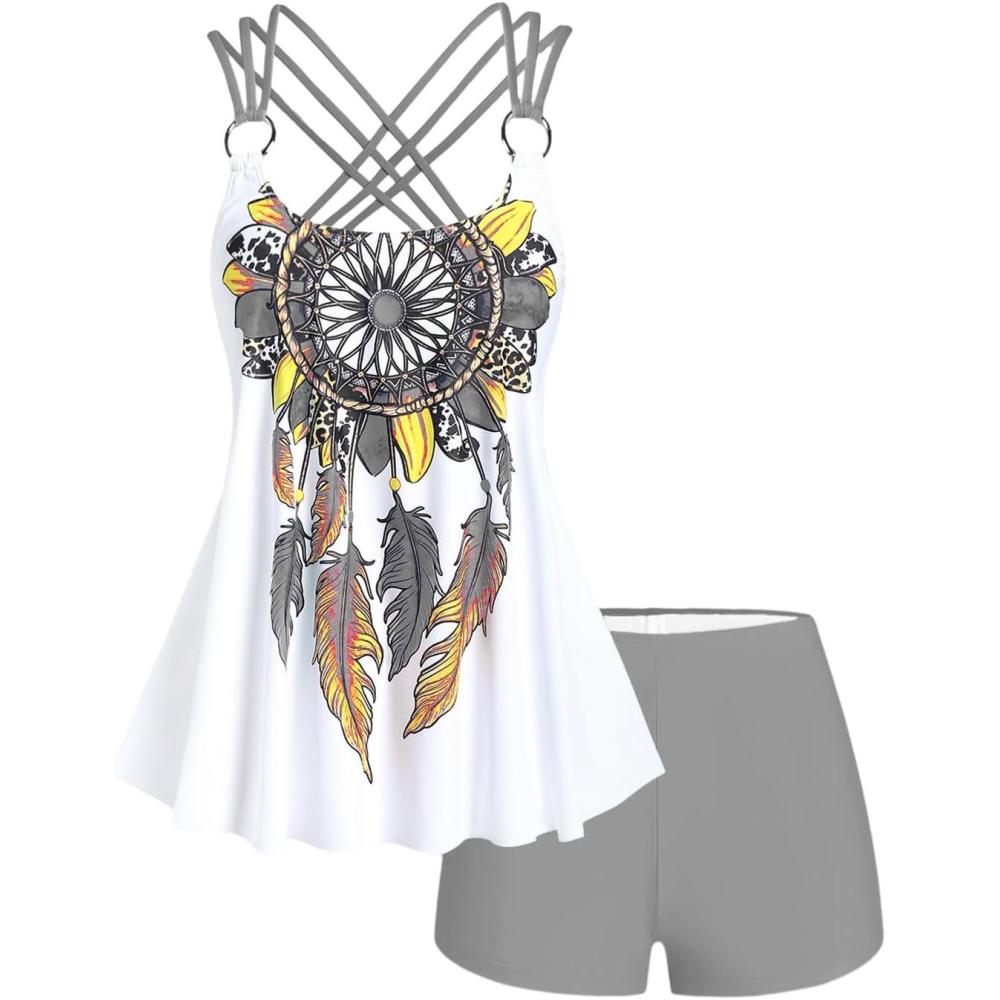 image:imageROSE GAL Rosegal Women Plus Size Modest Tankini Swimsuit Feather Strappy Crisscross SwimwearGray1