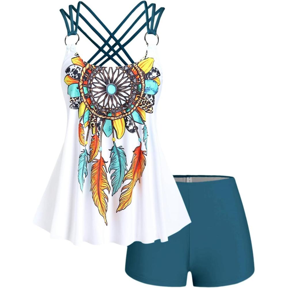 image:imageROSE GAL Rosegal Women Plus Size Modest Tankini Swimsuit Feather Strappy Crisscross SwimwearGreen1