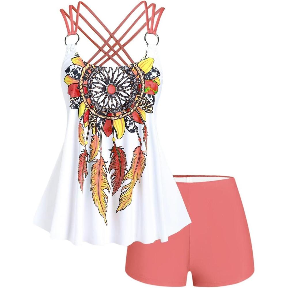 image:imageROSE GAL Rosegal Women Plus Size Modest Tankini Swimsuit Feather Strappy Crisscross SwimwearOrange1