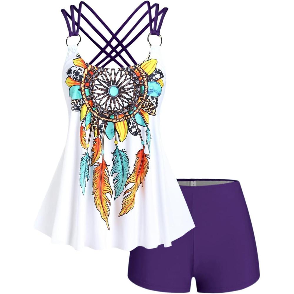 image:imageROSE GAL Rosegal Women Plus Size Modest Tankini Swimsuit Feather Strappy Crisscross SwimwearPurple1
