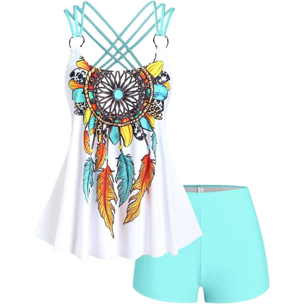 image:imageROSE GAL Rosegal Women Plus Size Modest Tankini Swimsuit Feather Strappy Crisscross SwimwearWhite100