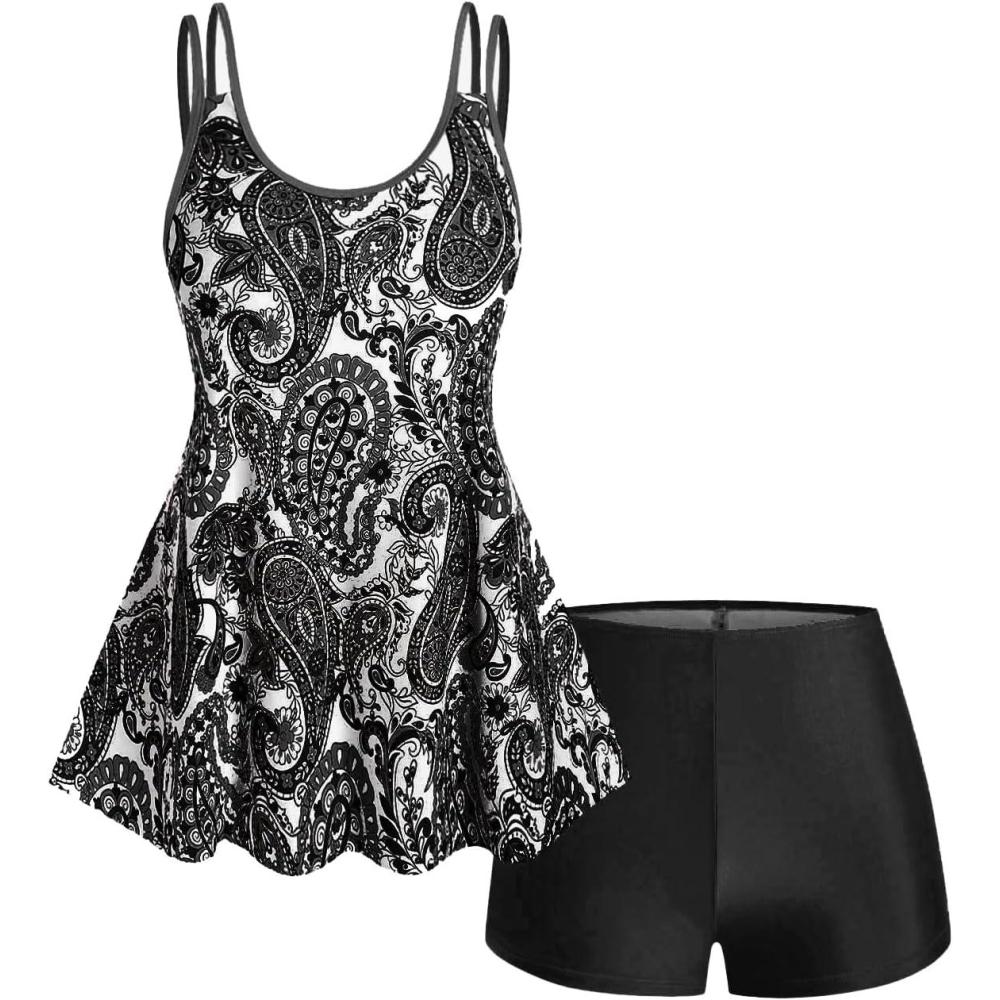 image:imageROSE GAL Rosegal Womens Plus Size Bohemian Paisley Print Tankini Swimwear with BoyshortsBlack1