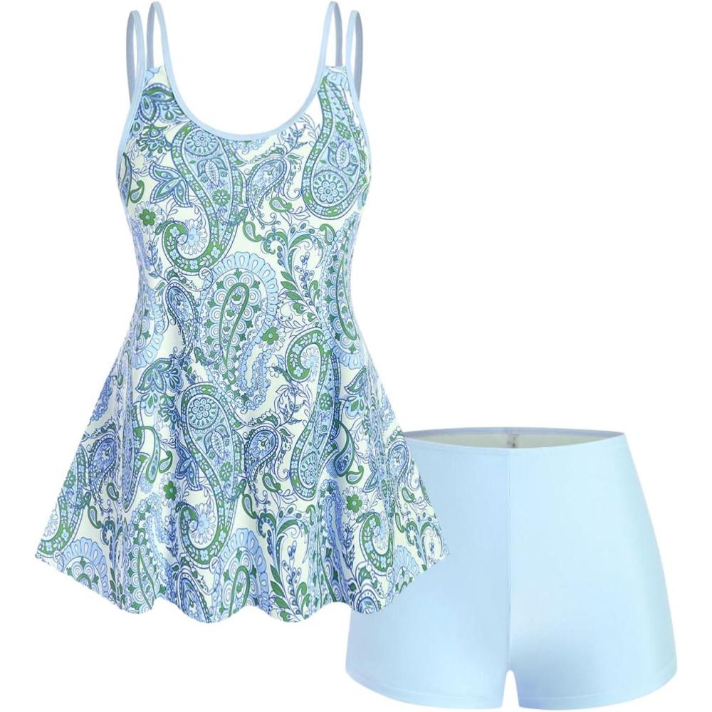 image:imageROSE GAL Rosegal Womens Plus Size Bohemian Paisley Print Tankini Swimwear with BoyshortsBlue1