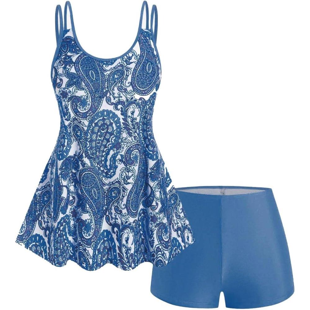 image:imageROSE GAL Rosegal Womens Plus Size Bohemian Paisley Print Tankini Swimwear with BoyshortsBlue4