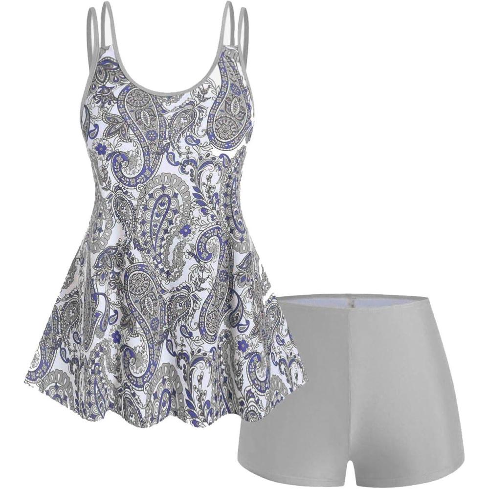 image:imageROSE GAL Rosegal Womens Plus Size Bohemian Paisley Print Tankini Swimwear with BoyshortsGray1