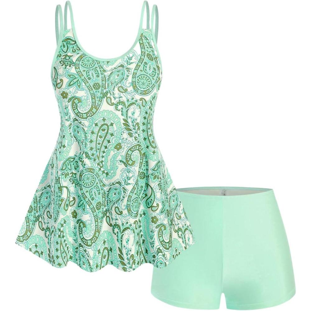 image:imageROSE GAL Rosegal Womens Plus Size Bohemian Paisley Print Tankini Swimwear with BoyshortsGreen1