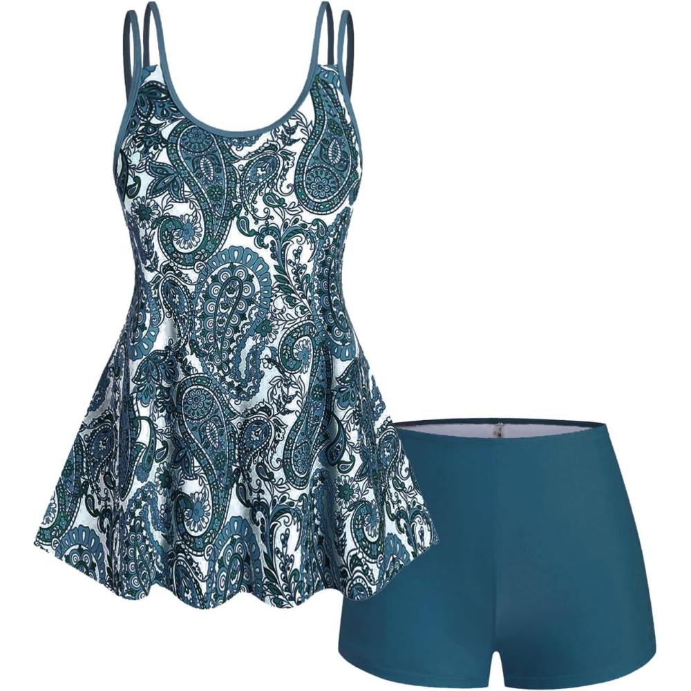 image:imageROSE GAL Rosegal Womens Plus Size Bohemian Paisley Print Tankini Swimwear with BoyshortsGreen2