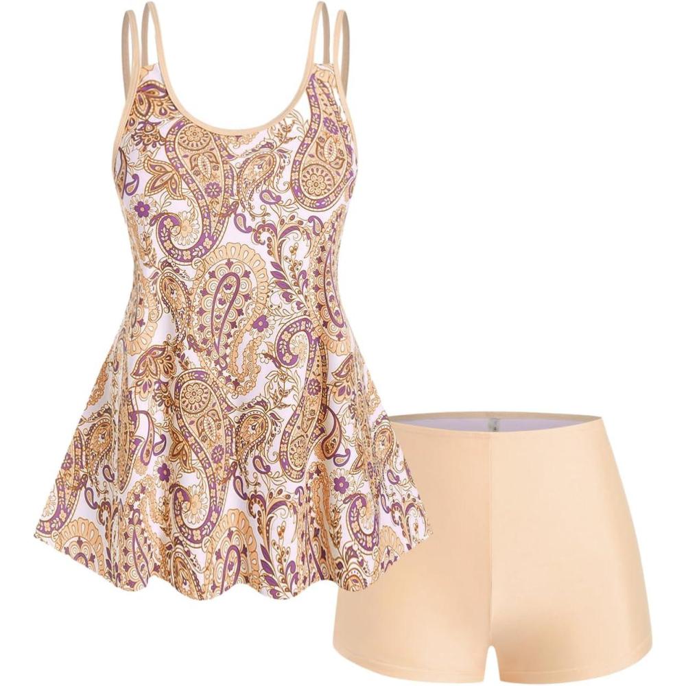 image:imageROSE GAL Rosegal Womens Plus Size Bohemian Paisley Print Tankini Swimwear with BoyshortsLight Orange1