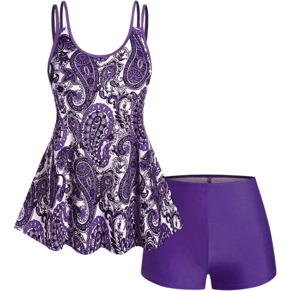 image:imageROSE GAL Rosegal Womens Plus Size Bohemian Paisley Print Tankini Swimwear with BoyshortsPurple1
