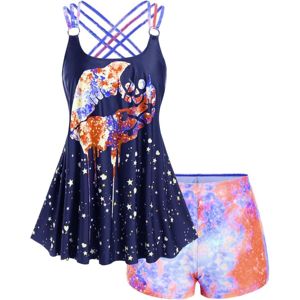 image:imageROSE GAL Rosegal Womens Plus Size Lip Printed Padded Boyleg Strappy Tankini SwimsuitBlue1