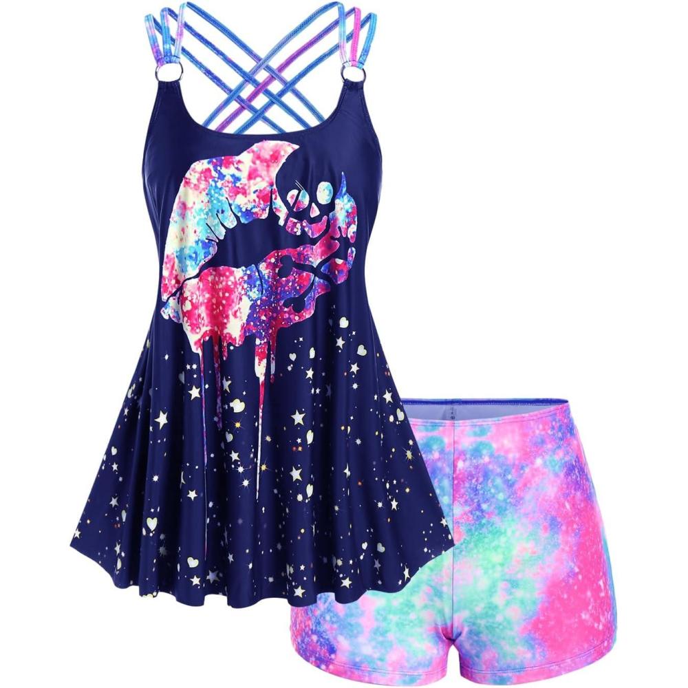 image:imageROSE GAL Rosegal Womens Plus Size Lip Printed Padded Boyleg Strappy Tankini SwimsuitBlue2