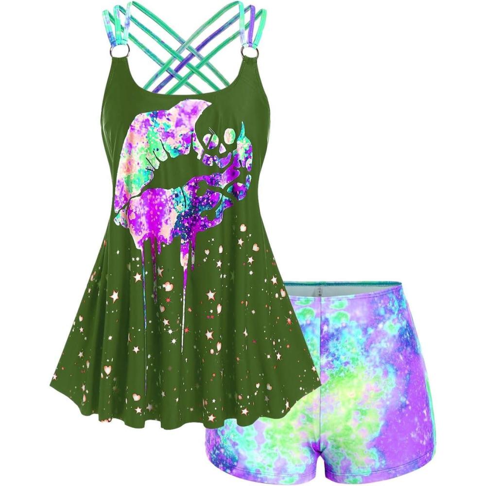 image:imageROSE GAL Rosegal Womens Plus Size Lip Printed Padded Boyleg Strappy Tankini SwimsuitGreen2