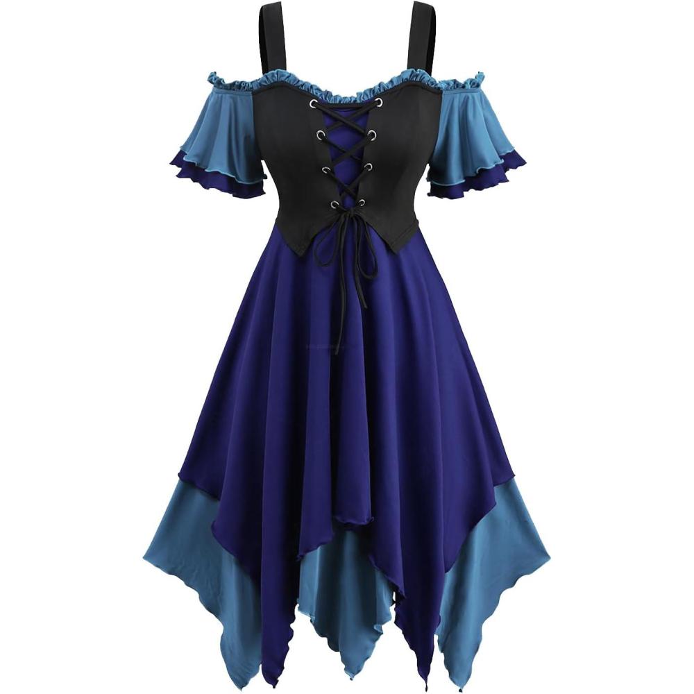 image:imageROSE GAL Women Plus Medieval Renaissance Costume Dress Cold Shoulder Ruffles Layered Laceup Underbust Corset DressBlue1