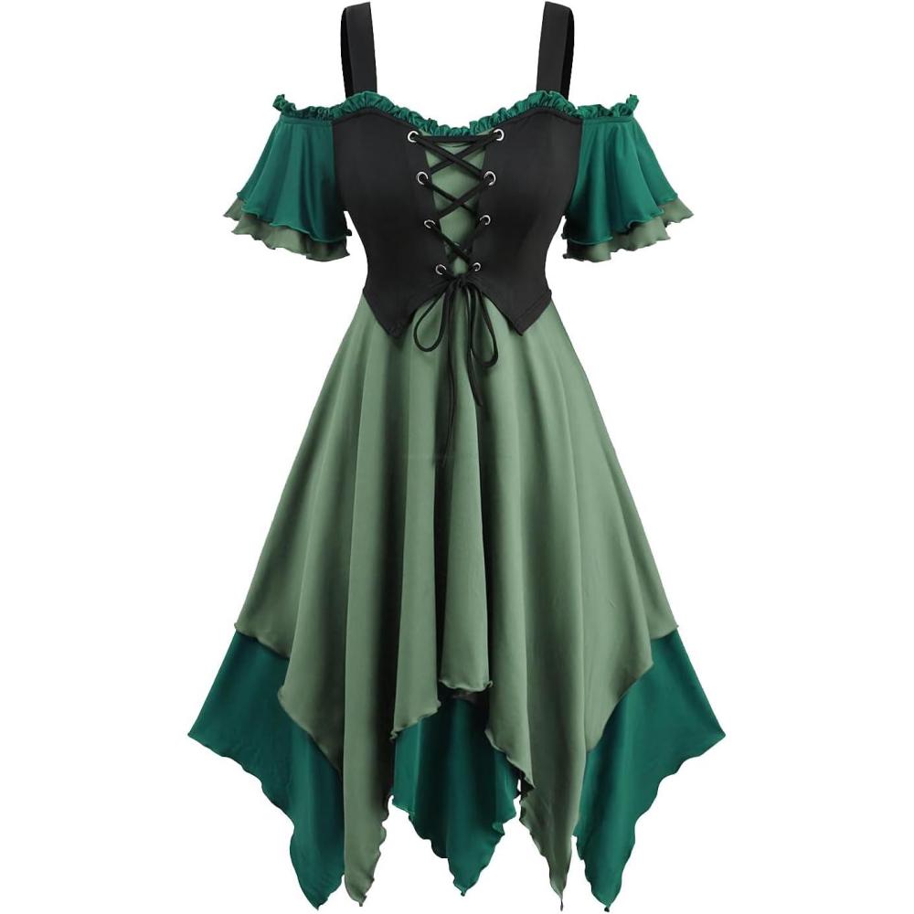 image:imageROSE GAL Women Plus Medieval Renaissance Costume Dress Cold Shoulder Ruffles Layered Laceup Underbust Corset DressGreen1