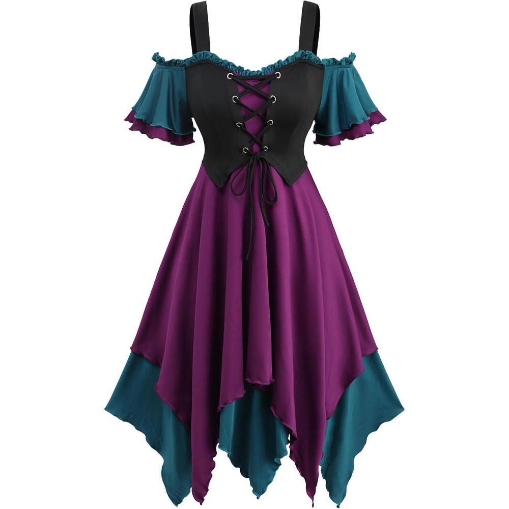 image:imageROSE GAL Women Plus Medieval Renaissance Costume Dress Cold Shoulder Ruffles Layered Laceup Underbust Corset DressPurple1