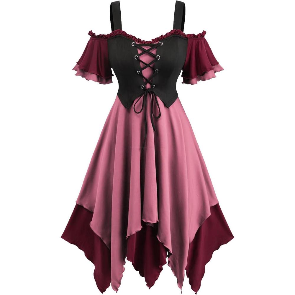 image:imageROSE GAL Women Plus Medieval Renaissance Costume Dress Cold Shoulder Ruffles Layered Laceup Underbust Corset DressRed1