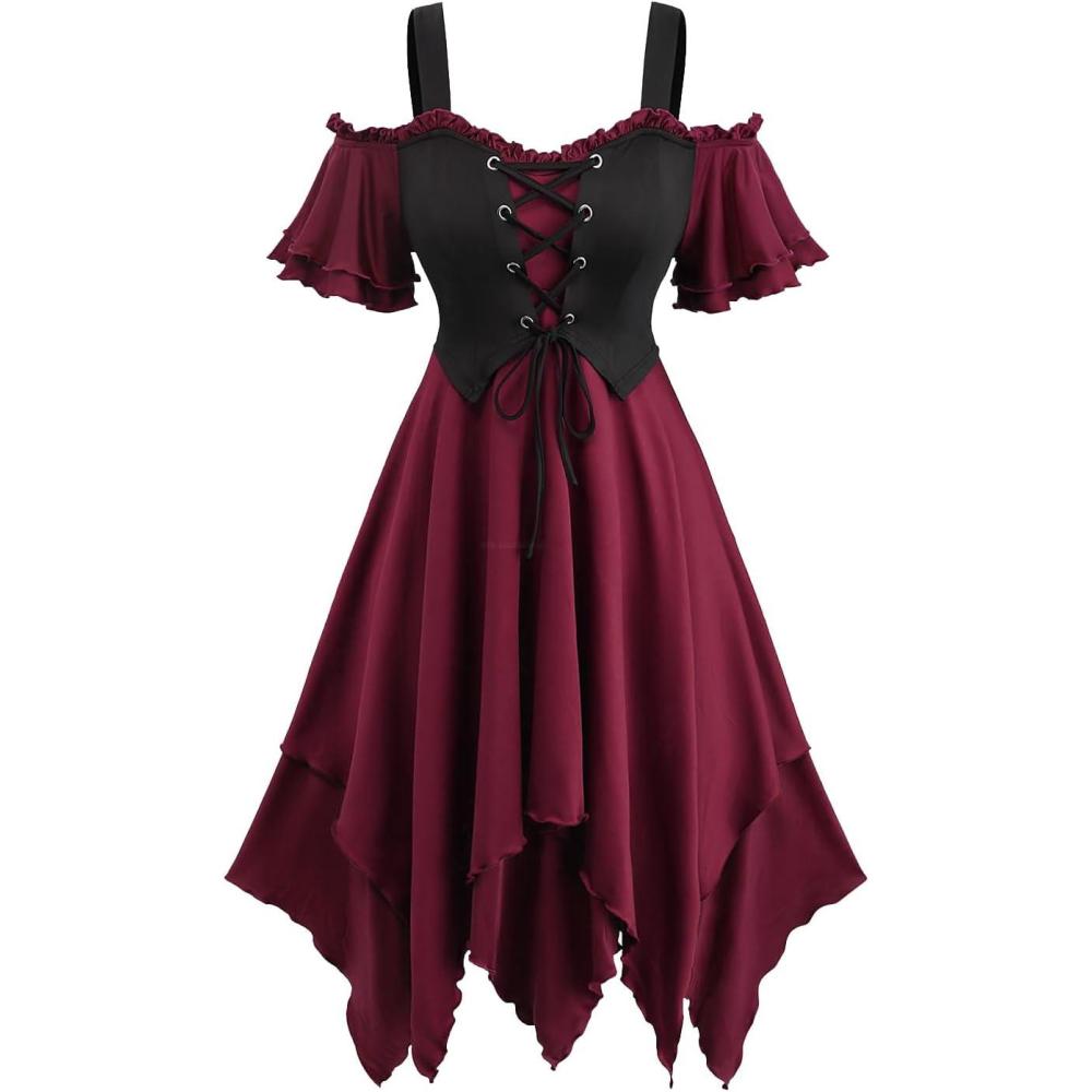 image:imageROSE GAL Women Plus Medieval Renaissance Costume Dress Cold Shoulder Ruffles Layered Laceup Underbust Corset DressRed2