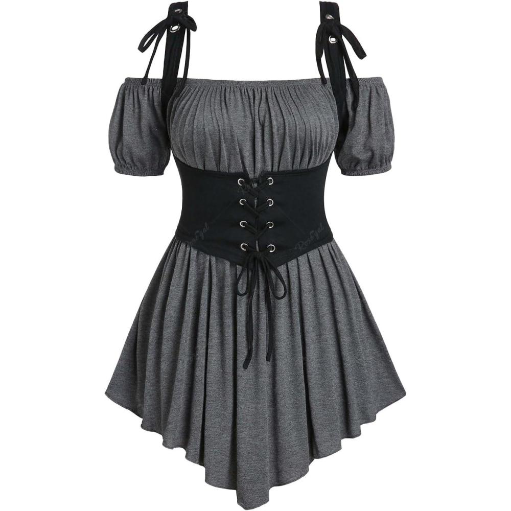 image:imageROSE GAL Women Plus Size Gothic Off The Shoulder Top Medieval Renaissance Corset Shirt TopGray1