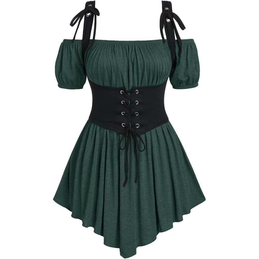 image:imageROSE GAL Women Plus Size Gothic Off The Shoulder Top Medieval Renaissance Corset Shirt TopGreen1
