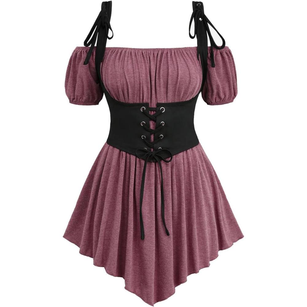 image:imageROSE GAL Women Plus Size Gothic Off The Shoulder Top Medieval Renaissance Corset Shirt TopRed1