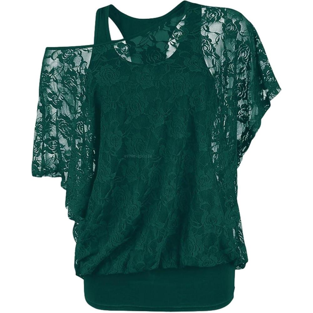 image:imageROSE GAL Women Plus Size Skew Neck Sheer Lace Blouse and Racerback Tank Top Casual Crew Neck TShirt Summer TopsGreen1