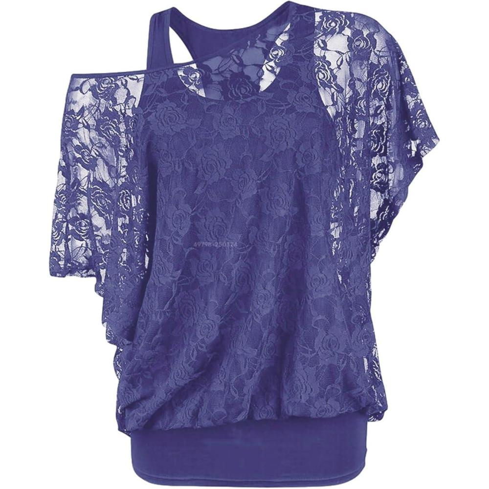 image:imageROSE GAL Women Plus Size Skew Neck Sheer Lace Blouse and Racerback Tank Top Casual Crew Neck TShirt Summer TopsPurple1
