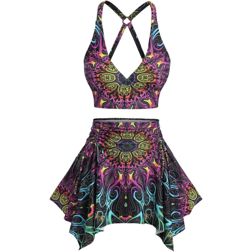 image:imageROSE GAL Women Plus Size Tribal Mandala Print Bikini Two Piece Swimsuit with Skirt Tummy Control Bathing SuitPurple