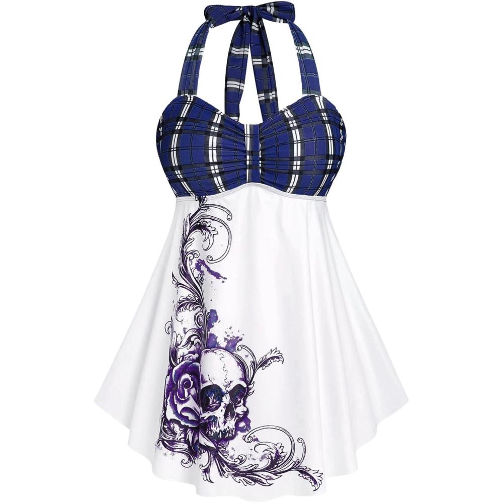 image:imageROSE GAL Womens Plus Size Curve Halter Plaid Skull Print Backless Gothic Modest Tankini Swimsuit SetBlue