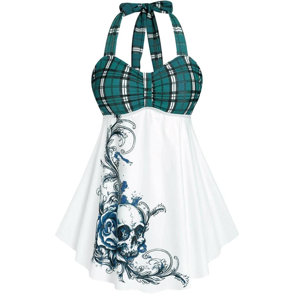 image:imageROSE GAL Womens Plus Size Curve Halter Plaid Skull Print Backless Gothic Modest Tankini Swimsuit SetGreen
