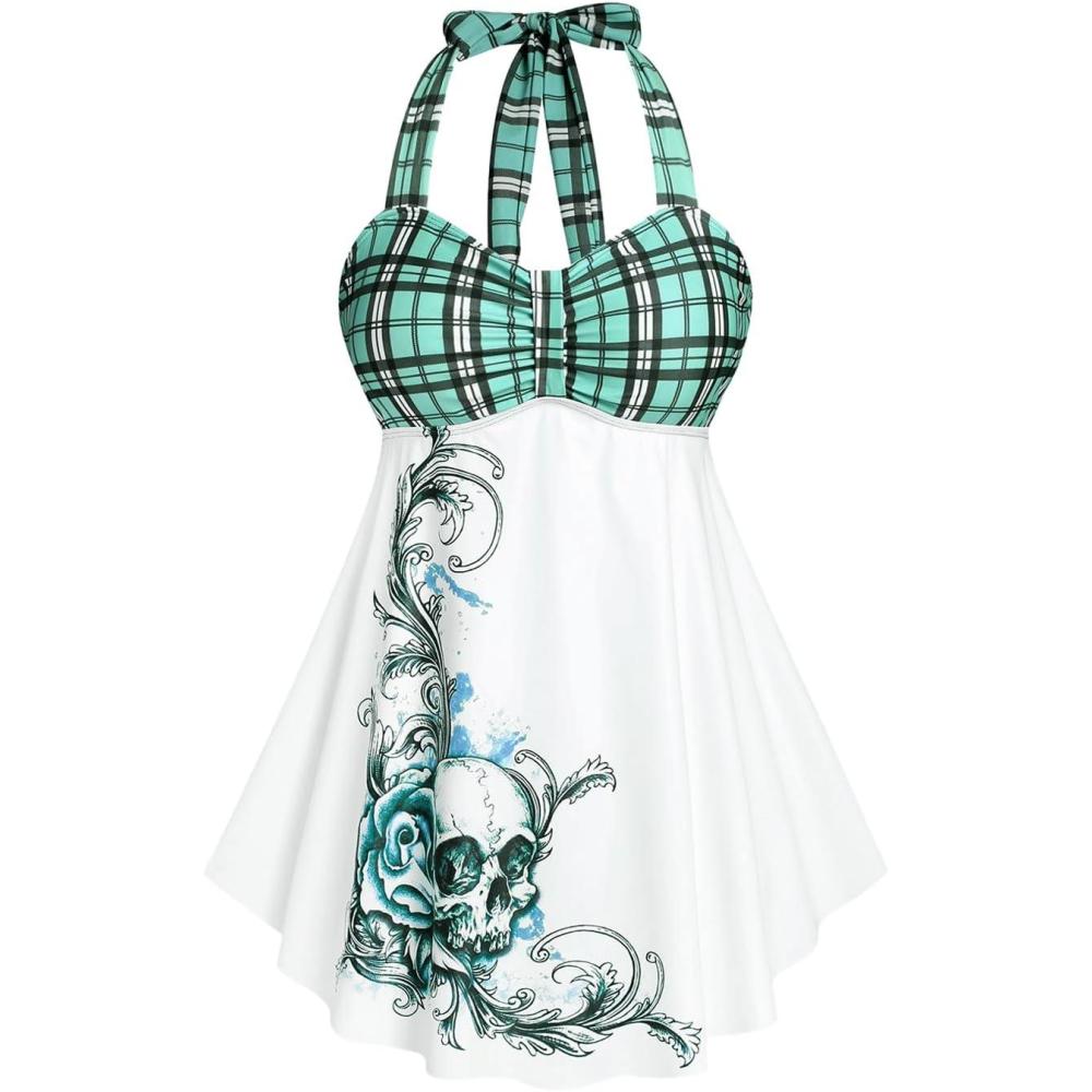 image:imageROSE GAL Womens Plus Size Curve Halter Plaid Skull Print Backless Gothic Modest Tankini Swimsuit SetGreen1