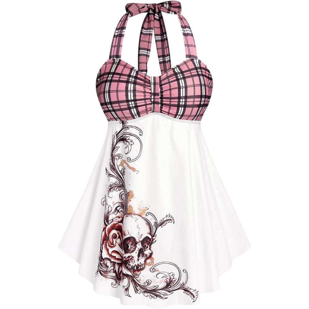 image:imageROSE GAL Womens Plus Size Curve Halter Plaid Skull Print Backless Gothic Modest Tankini Swimsuit SetPink