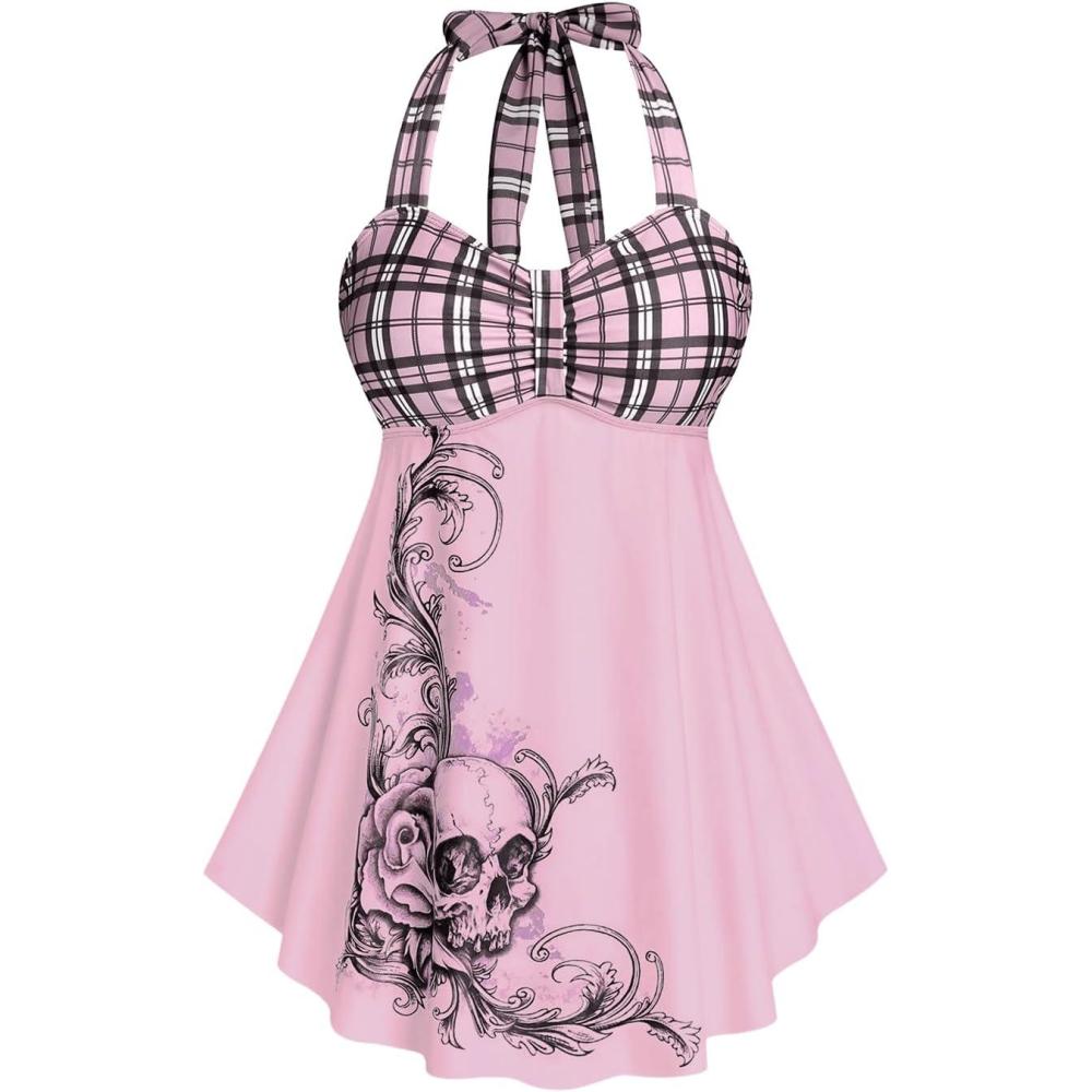 image:imageROSE GAL Womens Plus Size Curve Halter Plaid Skull Print Backless Gothic Modest Tankini Swimsuit SetPink19