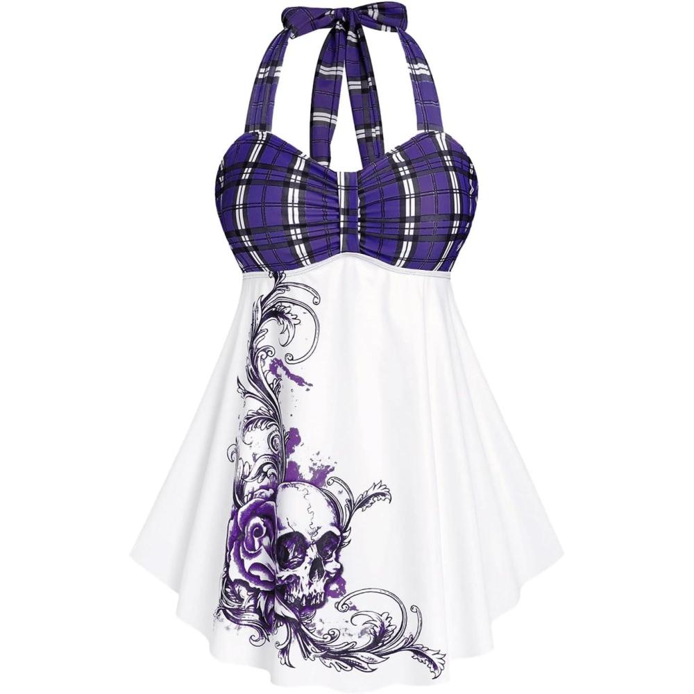 image:imageROSE GAL Womens Plus Size Curve Halter Plaid Skull Print Backless Gothic Modest Tankini Swimsuit SetPurple1