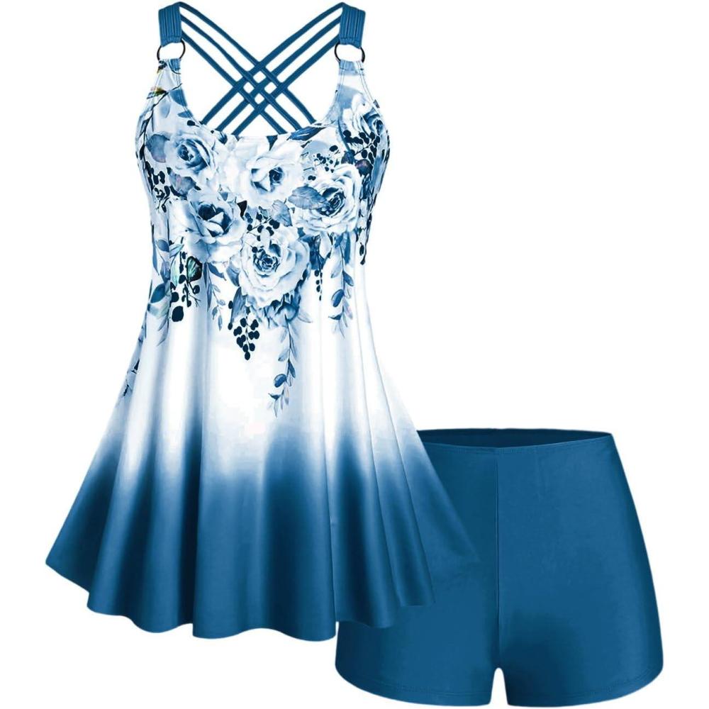 image:imageROSE GAL Womens Plus Size Curve Ombre Color Floral Print Crisscross Modest Tankini Swimsuit SetBlue3