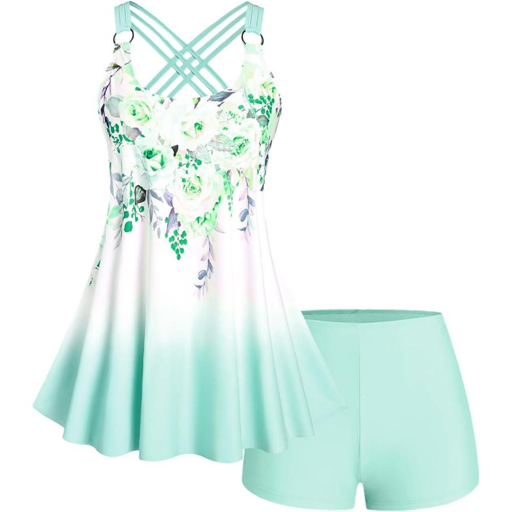image:imageROSE GAL Womens Plus Size Curve Ombre Color Floral Print Crisscross Modest Tankini Swimsuit SetGreen1