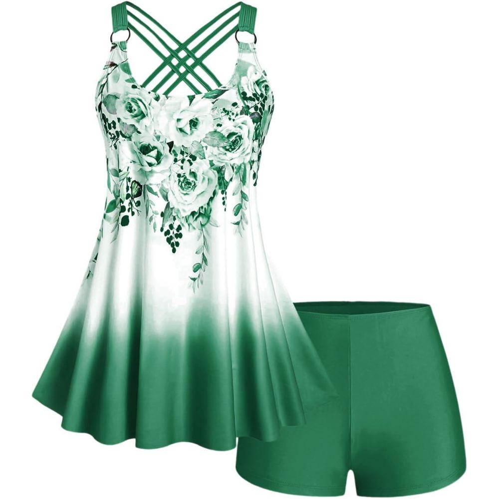 image:imageROSE GAL Womens Plus Size Curve Ombre Color Floral Print Crisscross Modest Tankini Swimsuit SetGreen3