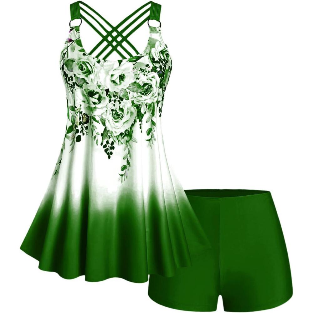 image:imageROSE GAL Womens Plus Size Curve Ombre Color Floral Print Crisscross Modest Tankini Swimsuit SetGreen4