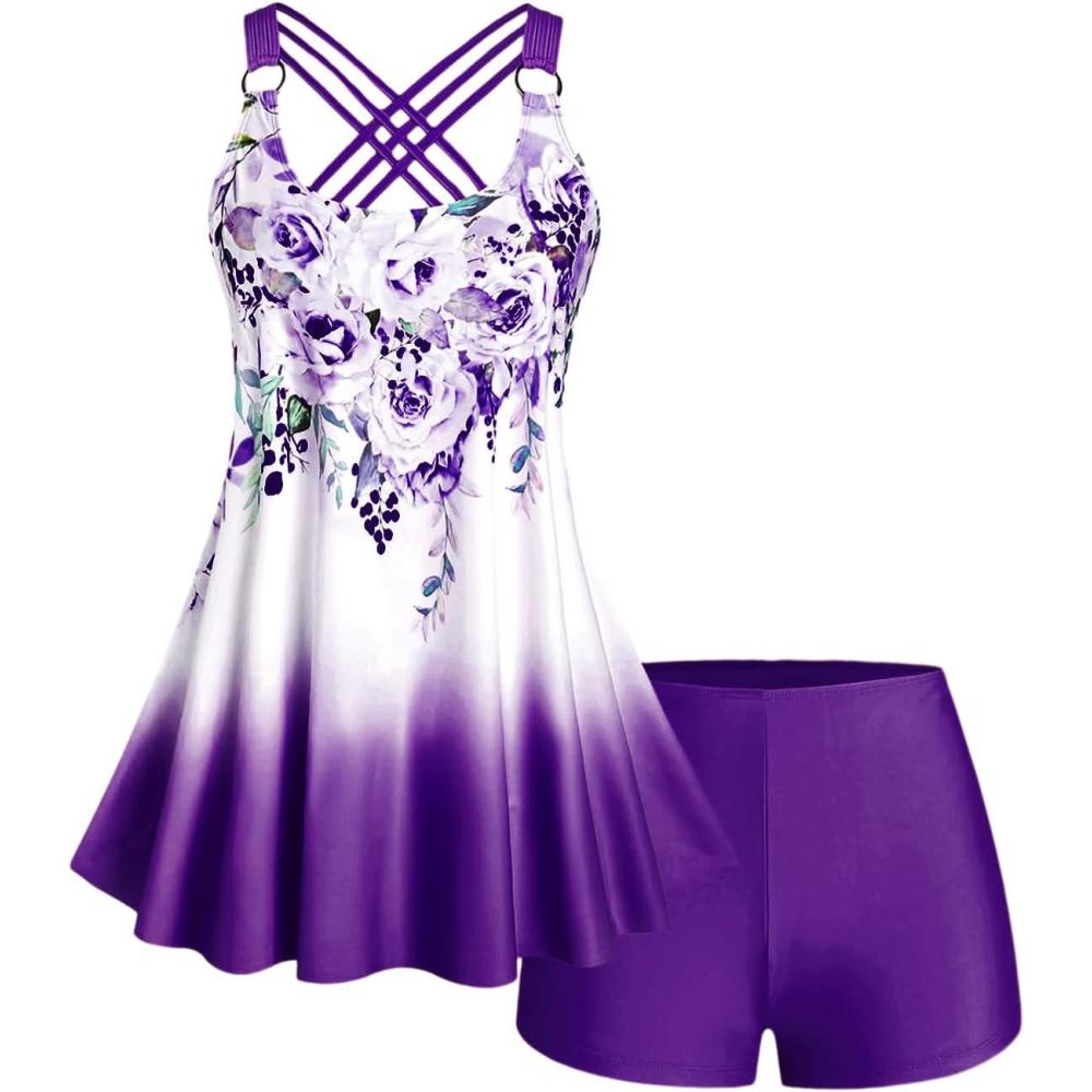 image:imageROSE GAL Womens Plus Size Curve Ombre Color Floral Print Crisscross Modest Tankini Swimsuit SetPurple1