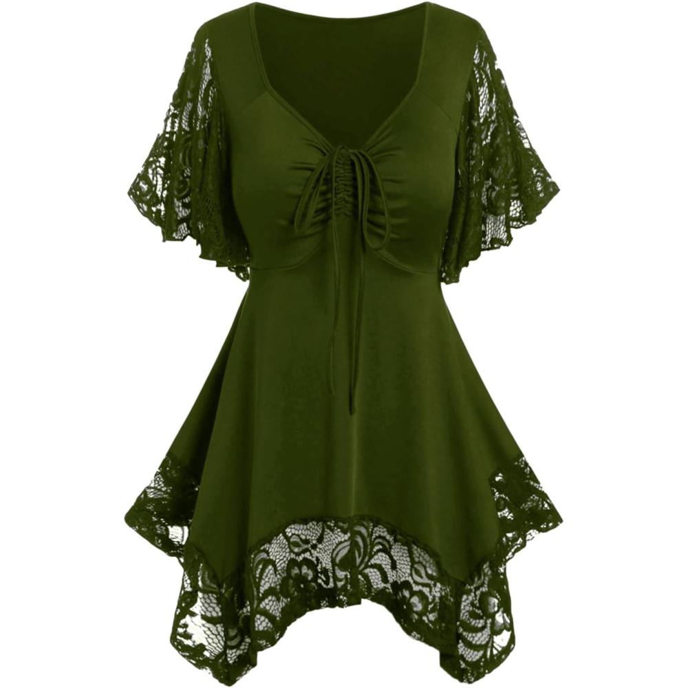 image:imageROSE GAL Womens Plus Size Flower Lace TShirt Curve Flower Lace Insert Criss Cross Batwing Sleeve Handkerchief TopArmy Green