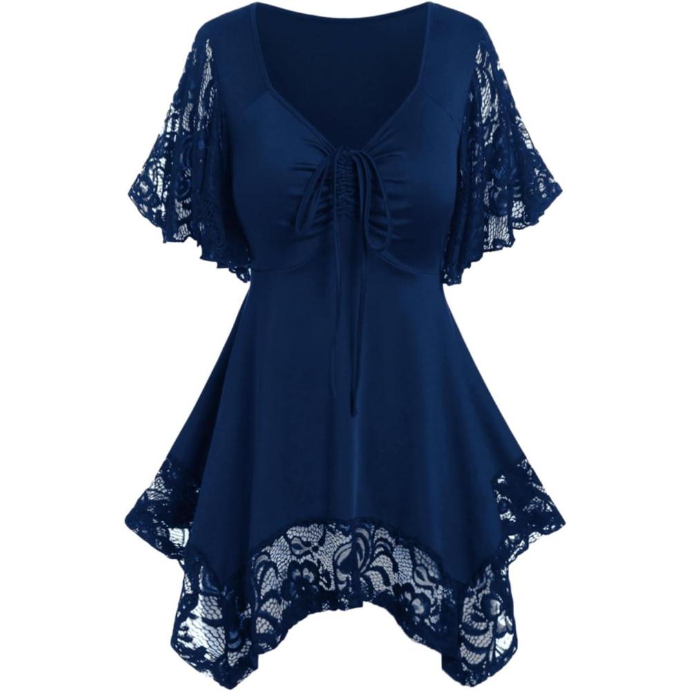 image:imageROSE GAL Womens Plus Size Flower Lace TShirt Curve Flower Lace Insert Criss Cross Batwing Sleeve Handkerchief TopBlue