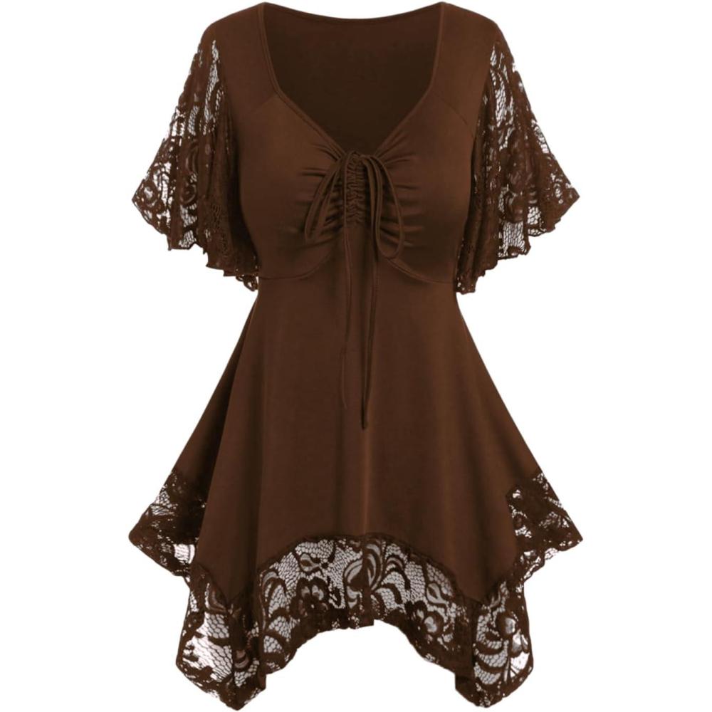 image:imageROSE GAL Womens Plus Size Flower Lace TShirt Curve Flower Lace Insert Criss Cross Batwing Sleeve Handkerchief TopCoffee